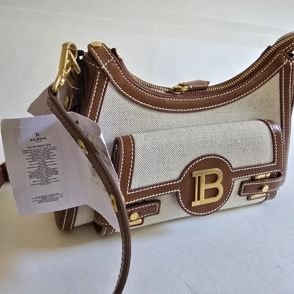 Balmain  B-Buzz Canvas & Leather Shoulder Bag Natural / Camel - Picture 9 of 14